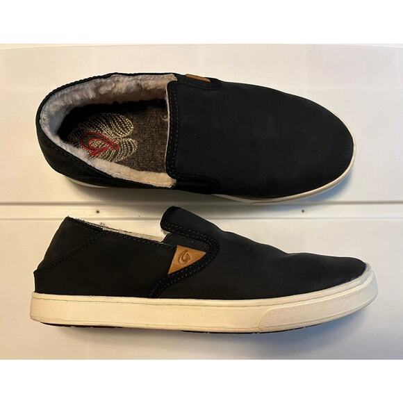 Olukai Pehuea Heu Black Leather Shearling Fur Lined Womens Slip On Shoes Size 6 - Picture 1 of 10